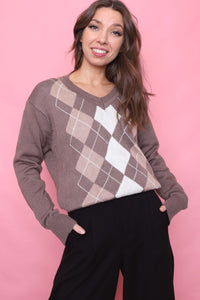 Vintage Argyle Pattern Knitted V Neck Jumper