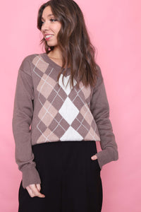 Vintage Argyle Pattern Knitted V Neck Jumper