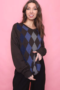 Vintage Argyle Pattern Knitted V Neck Jumper