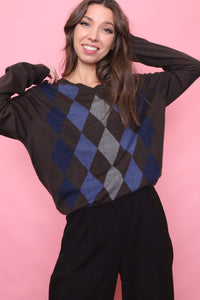 Vintage Argyle Pattern Knitted V Neck Jumper