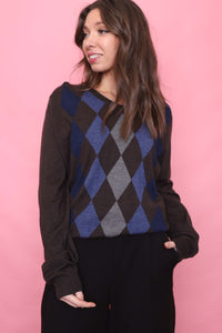 Vintage Argyle Pattern Knitted V Neck Jumper