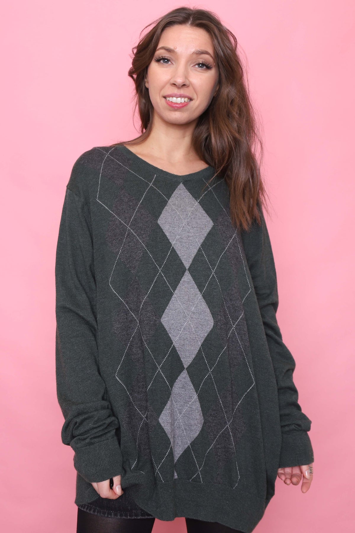 Vintage Argyle Pattern Knitted V Neck Jumper