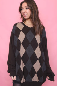 Vintage Argyle Pattern Knitted V Neck Jumper