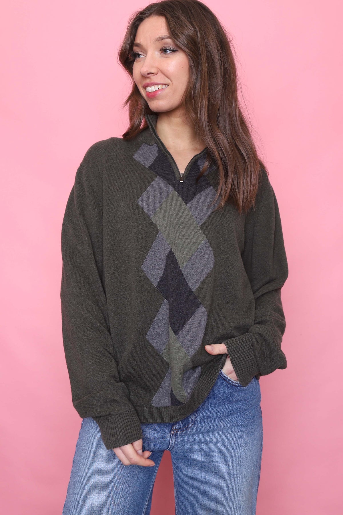 Vintage Argyle Pattern Knitted 1/4 Zip Jumper