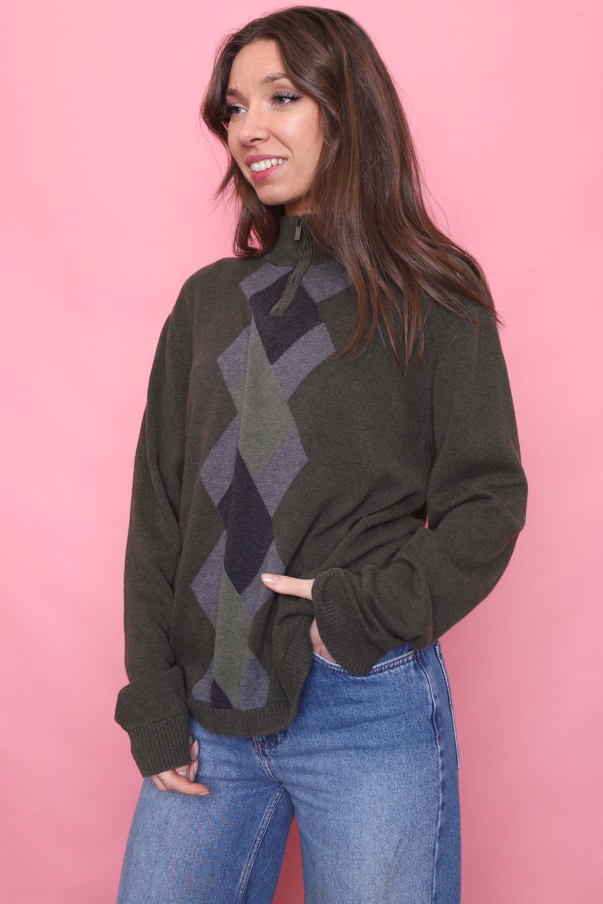 Vintage Argyle Pattern Knitted 1/4 Zip Jumper