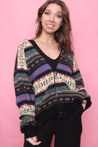 Vintage Multi Colour Patterned Knitted Wool Cardigan