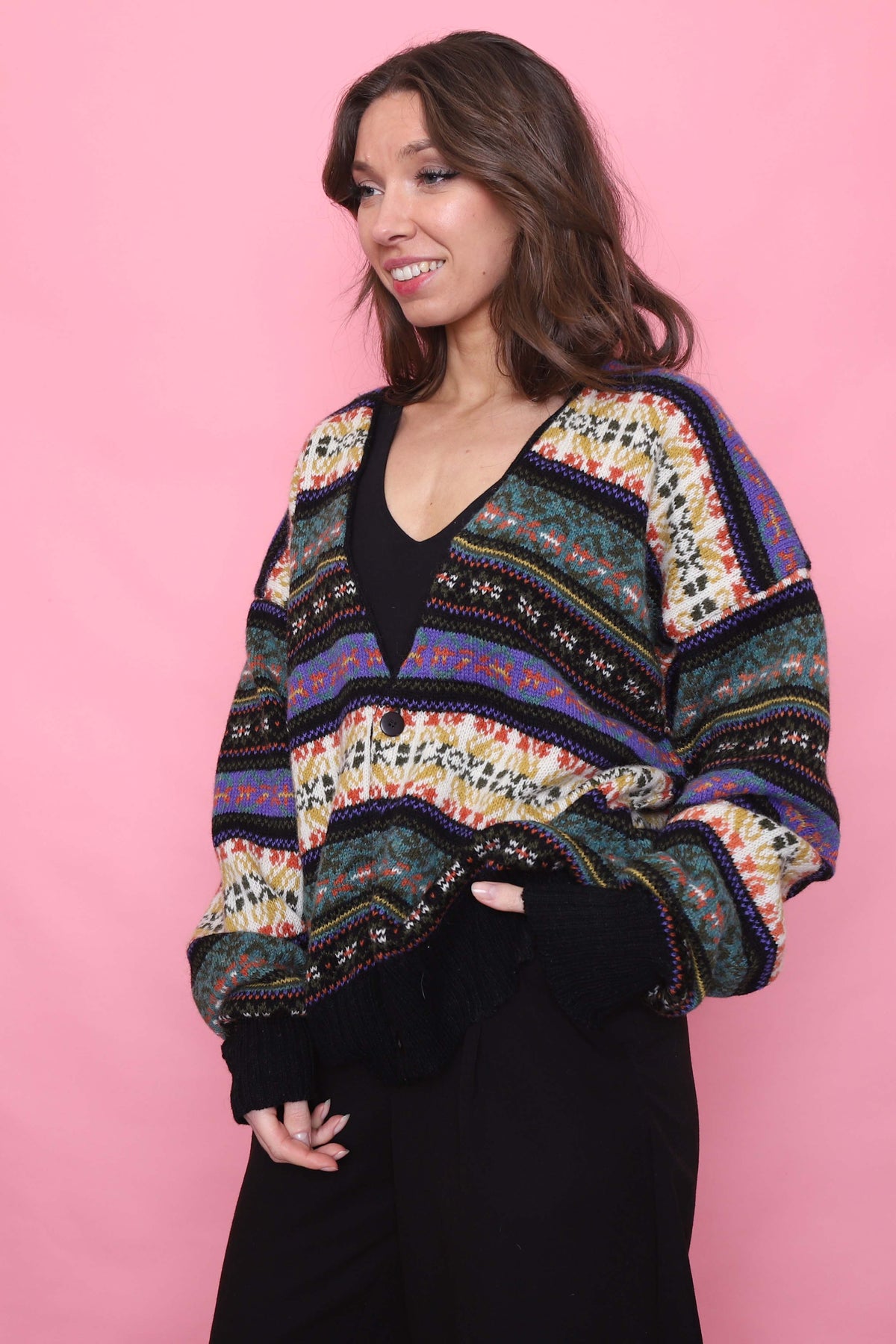 Vintage Multi Colour Patterned Knitted Wool Cardigan