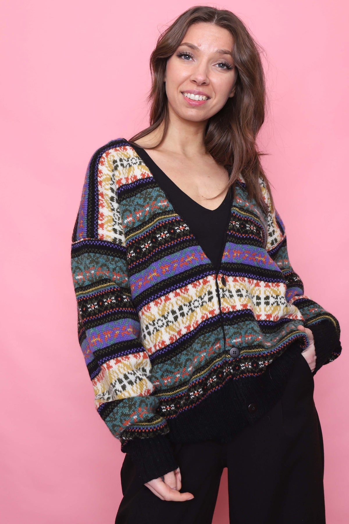 Vintage Multi Colour Patterned Knitted Wool Cardigan