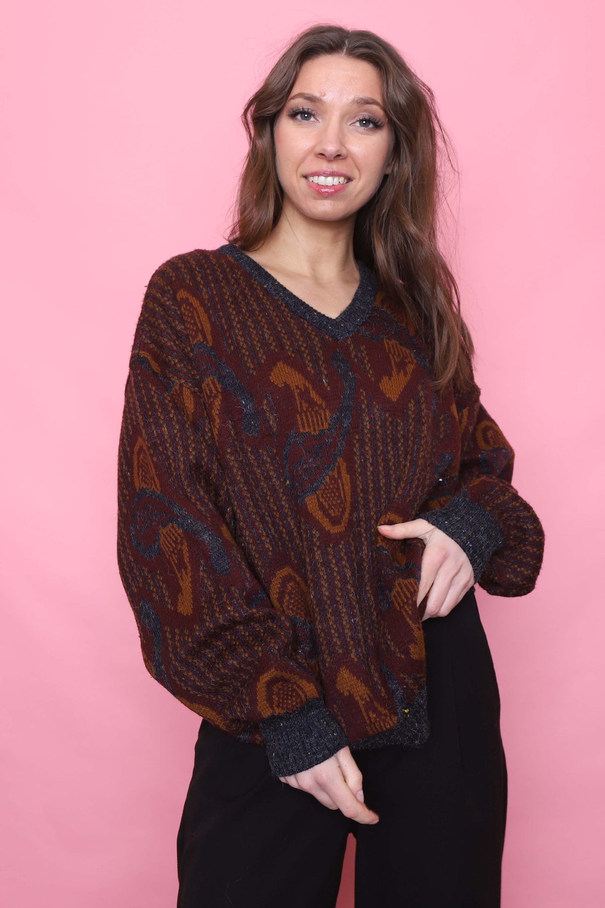 Vintage Patterned Knitted V Neck Jumper