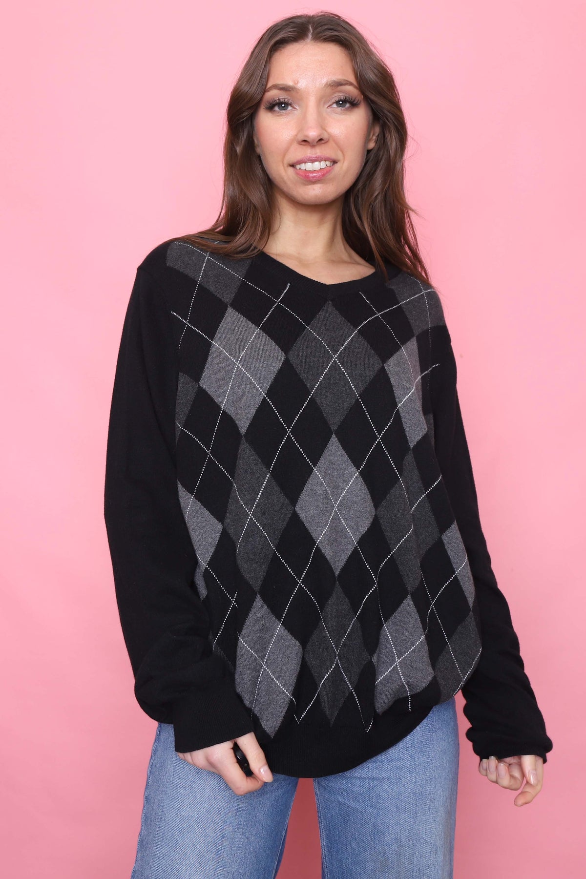 Vintage Argyle Pattern Knitted V Neck Jumper