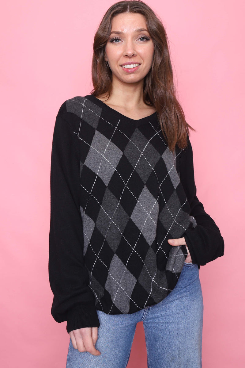 Vintage Argyle Pattern Knitted V Neck Jumper