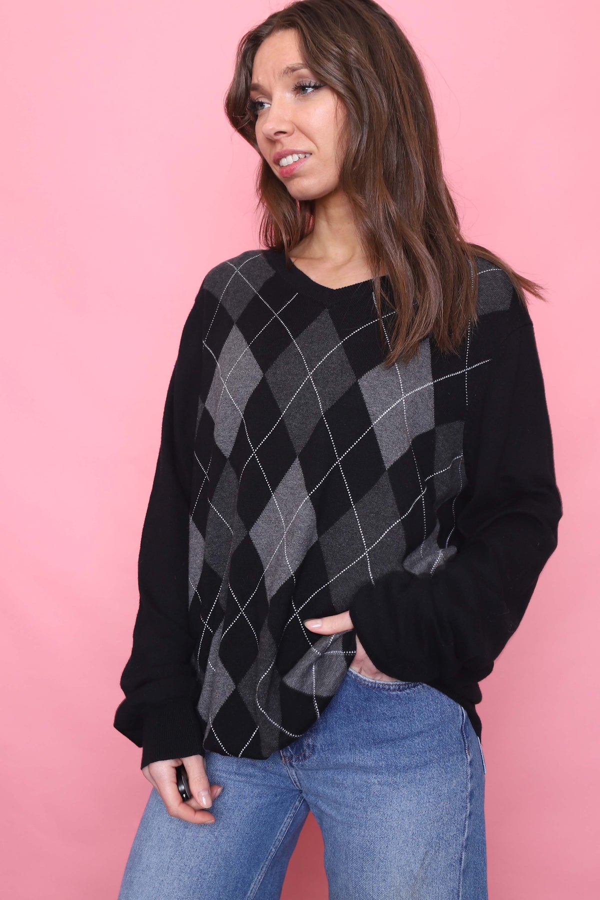 Vintage Argyle Pattern Knitted V Neck Jumper