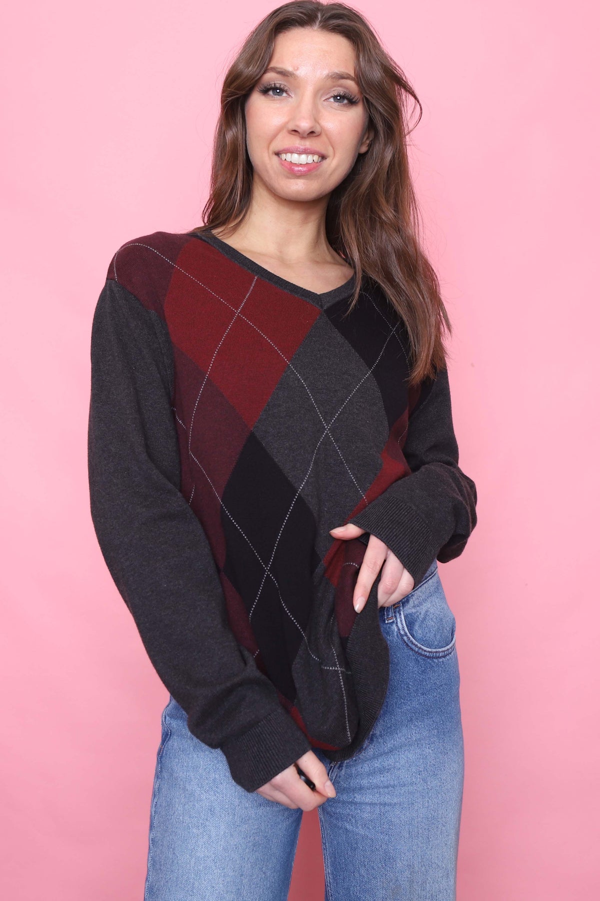 Vintage Argyle Pattern Knitted V Neck Jumper