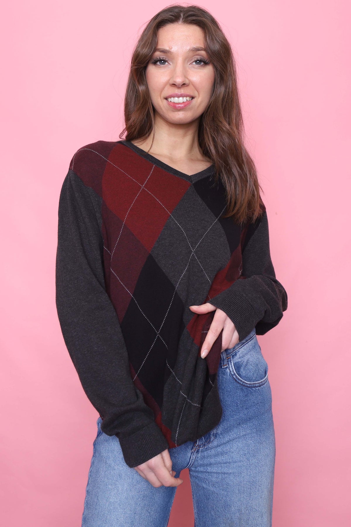 Vintage Argyle Pattern Knitted V Neck Jumper