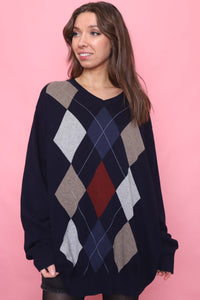 Vintage Argyle Pattern Knitted V Neck Jumper