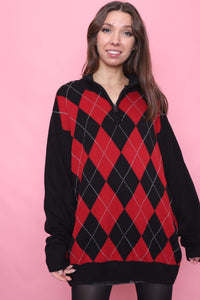 Vintage Argyle Pattern Knitted 1/4 Zip Jumper