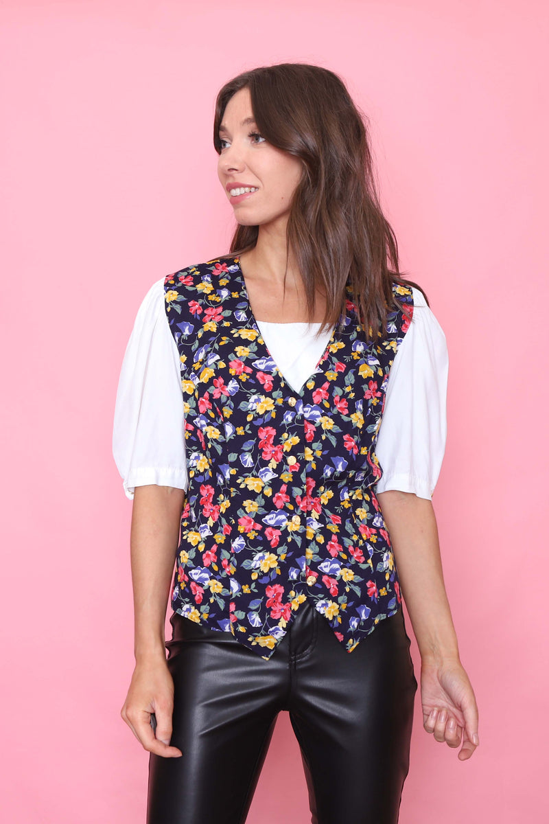 Vintage Floral Patterned Waistcoat Style Blouse